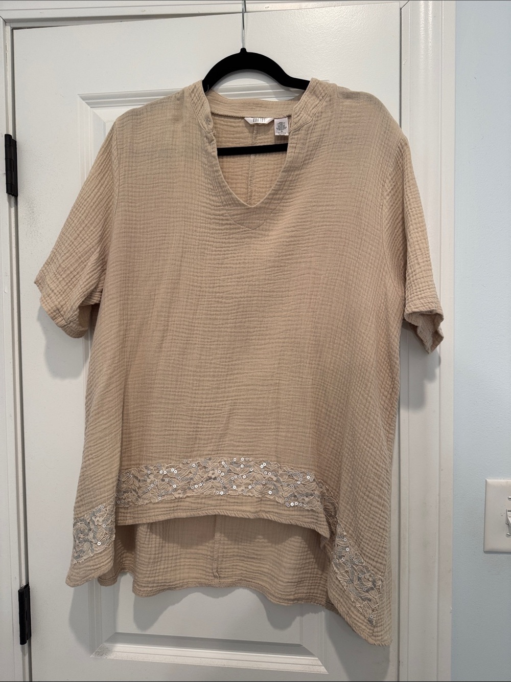 Kaktus Neutral Beige Embellished Short-Sleeve Tunic